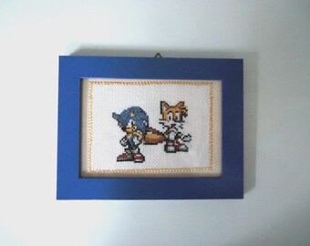 Framed cross stitched Sonic and Tails