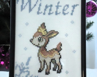 Framed cross stitched Winter Deerling