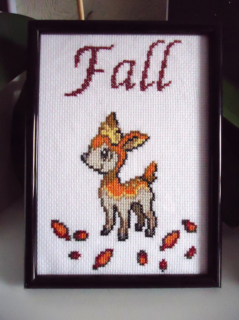 Framed cross stitched Fall Deerling image 1