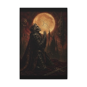 May include: Canvas art print featuring a skeletal figure in dark armor kneeling in prayer. A large, cracked orange moon dominates the background, with a gothic castle silhouette. A sword lies on the red ground. The artwork has a dark, fantasy theme.