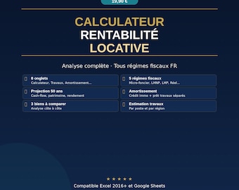 Calculateur Rentabilité Locative Excel | LMNP Micro-Foncier Réel | Amortissement Crédit | Cash-Flow Immo | Investissement Locatif France