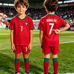 May include: A red soccer jersey and shorts set with green trim. The front features the number 1 and a crest. The back displays the name RONALDO and the number 7 in white. The outfit includes red soccer socks with green cuffs and white cleats.