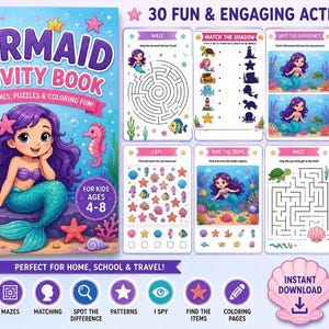 May include: A Mermaid Activity Book featuring a purple-haired mermaid on the cover, with 30 pages of mazes, matching, spot the difference, pattern games, and coloring pages. The book includes text stating 30 Fun & Engaging Activities for kids ages 4-8.