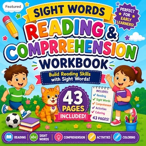 Cuaderno de trabajo de lectura de 43 páginas con palabras de uso frecuente / Actividades de comprensión lectora / Aprende a leer (PDF imprimible) / Alfabetización para jardín de infancia y primer grado