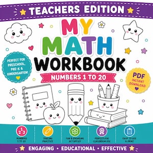 Può includere: Una copertina digitale colorata per un quaderno di esercizi di matematica per insegnanti, numeri da 1 a 20. Il design presenta simpatiche illustrazioni a cartoni animati di un quaderno, una mela, una matita e libri, circondati da stelle, nuvole e cuori.