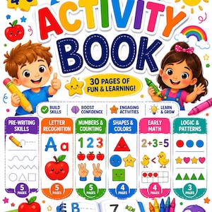 May include: A colorful kindergarten activity book cover featuring the text Kindergarten Activity Book, Ages 4-6, and 30 Pages of Fun & Learning. It displays illustrations of two children, a penguin, crayons, and educational icons for math and writing.