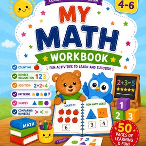 Puede incluir: Un libro de ejercicios My Math para edades de 4 a 6 años con un oso pardo y un búho azul en la portada. El libro muestra ejercicios de conteo, suma y formas con ilustraciones coloridas de manzanas, números y una pizarra. Incluye 50 páginas.
