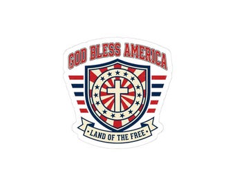 Naklejka z krzyżem „Boże błogosław Ameryce” | Patriotyzm religijny, styl vintage, amerykański, 4 lipca