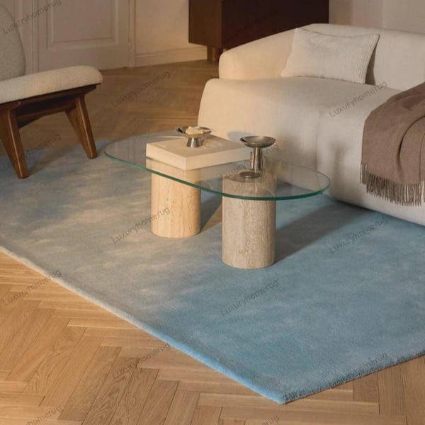 Alfombra de lana tejida a mano: Alfombra moderna de color azul claro liso para la decoración del hogar.