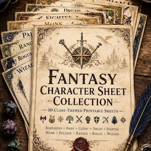 Puede incluir: Una pila de diez hojas de personaje de fantasía imprimibles en papel tipo pergamino. La hoja superior presenta el texto "Fantasy Character Sheet Collection" y "10 Class-Themed Printable Sheets" con iconos para Bárbaro, Bardo, Clérigo, Druida, Guerrero, Monje, Paladín, Explorador, Pícaro y Mago.