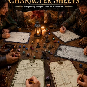 Puede incluir: Hojas de personaje de fantasía con el texto 'FANTASY CHARACTER SHEETS' y '4 Legendary Designs. Countless Adventures.' arriba. La imagen muestra varias hojas de personaje impresas, diversos dados de juego poliédricos y figuras en miniatura sobre una mesa de madera.