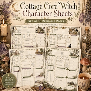 May include: A set of 10 printable character sheets for fantasy tabletop role-playing games, featuring cottagecore-themed illustrations of plants, mushrooms, and animals. The pages include fields for character name, class, level, and ability scores.
