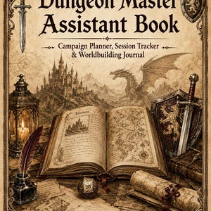 Puede incluir: Un Dungeon Master Assistant Book con el subtítulo Campaign Planner, Session Tracker & Worldbuilding Journal. La portada muestra un libro abierto con mapas, un dragón, un castillo, una linterna, una pluma, un dado de 20 caras y un escudo.