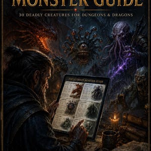 Può includere: Un tablet digitale che mostra The Ultimate Monster Guide con 30 creature letali per Dungeons & Dragons. Lo schermo mostra una griglia di profili di mostri, tra cui un antico drago rosso e un Beholder. Il testo recita Study them. Know them. Survive them.
