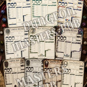 May include: A collection of nine tabletop role-playing game character sheets featuring distinct alignment themes including Lawful Good, Neutral Good, Chaotic Good, Lawful Neutral, True Neutral, Chaotic Neutral, Lawful Evil, Neutral Evil, Chaotic Evil, and Unaligned.