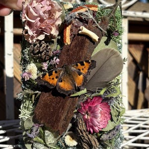 May include: A rectangular decorative plaque featuring a central orange and black butterfly, a piece of dark tree bark, a small bone, a grey feather, a dried pink rose, a pink strawflower, a pinecone, green moss, and a slice of dried orange.