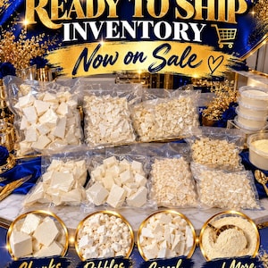May include: A collection of white, solid, and granular food products packaged in clear plastic bags. The display includes various textures labeled as Chunks, Pebbles, Cereal, and More, with text reading TOI'S READY TO SHIP INVENTORY Now on Sale.