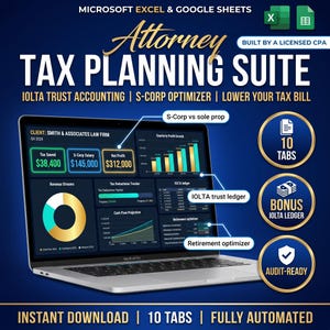 Peut inclure: Une suite de planification fiscale pour avocat sur Microsoft Excel et Google Sheets affichée sur un écran d'ordinateur portable. Le tableau de bord présente des graphiques financiers, un grand livre IOLTA et un optimiseur S-Corp. 10 onglets inclus.