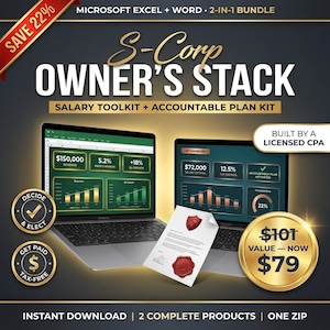 May include: A digital bundle titled S-Corp Owner's Stack featuring two laptops displaying financial dashboards with revenue and profit margin charts, a document with a red wax seal, and gold circular badges with text on a dark background.