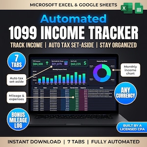 May include: A digital 1099 income tracker spreadsheet for Microsoft Excel and Google Sheets displayed on a laptop screen. The interface features a dark theme with a monthly income trend bar chart, a donut chart for income by client, and a data table.