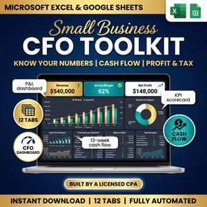 May include: A digital Small Business CFO TOOLKIT for Microsoft Excel and Google Sheets featuring a laptop screen displaying a P&L dashboard, KPI scorecard, 13-week cash flow, revenue, gross margin, and net profit data with gold and teal accents.