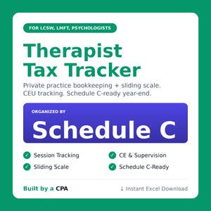 Könnte beinhalten: Eine digitale Therapist Tax Tracker Tabelle für LCSW, LMFT und Psychologen. Funktionen umfassen Buchhaltung für Privatpraxen, gleitende Skalen, CEU-Tracking und Schedule C-Vorbereitung. Beinhaltet Sitzungsverfolgung sowie CE- und Supervisions-Tracking.