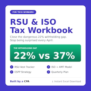 Op de afbeelding: Een digitaal werkboek voor tech-medewerkers getiteld RSU & ISO Tax Workbook. Het bevat tekst over het dichten van een 22% inhoudingskloof, een 22% vs 37% vergelijking, en vermeldt RSU Vest Tracker, ISO + AMT Model, ESPP Strategy en Quarterly Plan.