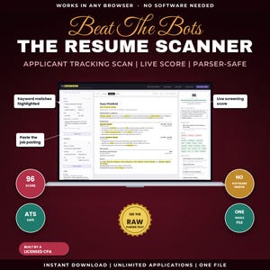 Pode incluir: Uma interface digital para uma ferramenta de verificação de currículos chamada Beat The Bots, exibindo um currículo com palavras-chave destacadas, uma pontuação de seleção ao vivo de 96 e campos para vagas de emprego em fundo escuro.