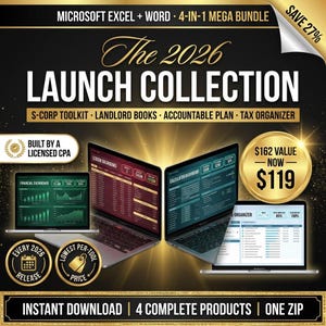 CPA Tax Template Bundle 2026, S Corp Calculator + Rental Bookkeeping + Accountable Plan + Tax Organizer, Excel Mega Bundle
