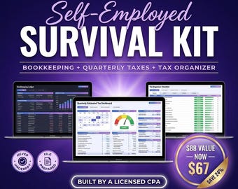 Self Employed Tax Bundle Bookkeeping Spreadsheet + Quarterly Tax Calculator + Tax Prep Organizer, Freelancer 1099 Excel Templates CPA