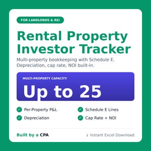 Può includere: Un foglio di calcolo digitale per il monitoraggio degli investimenti immobiliari per proprietari. L'interfaccia bianca presenta testo verde, un banner blu con la scritta Up to 25 ed elenca funzioni come P&L, Schedule E e Cap Rate.