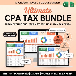May include: A digital CPA tax bundle for Microsoft Excel and Google Sheets featuring an annual dashboard, expense tracker, and profit and loss report. The interface displays charts, data tables, and financial summaries with 12 tabs and currency support.