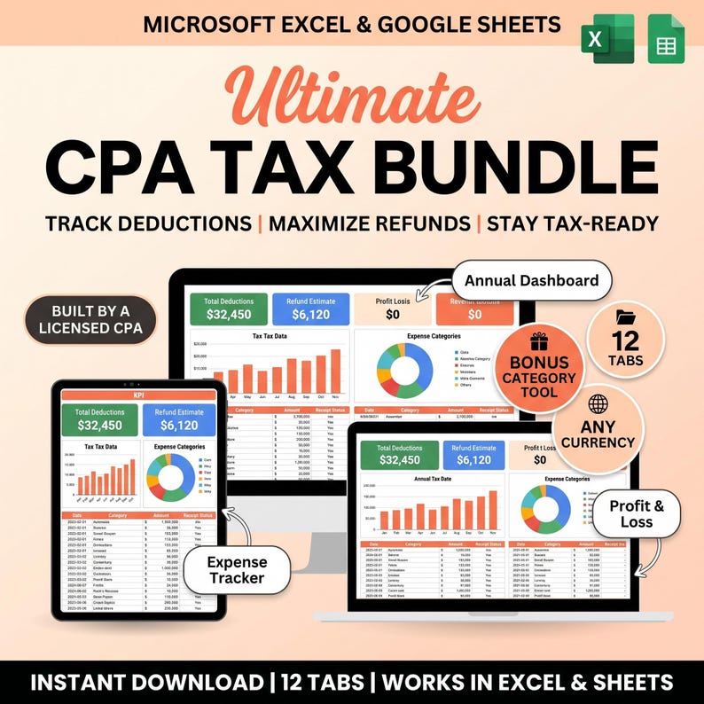 May include: A digital CPA tax bundle for Microsoft Excel and Google Sheets featuring an annual dashboard, expense tracker, and profit and loss report. The interface displays charts, data tables, and financial summaries with 12 tabs and currency support.