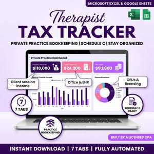 Op de afbeelding: Een digitaal belastingvolgsysteem voor therapeuten, geschikt voor Microsoft Excel en Google Sheets. De interface toont een dashboard voor privépraktijken met financiële grafieken, inkomsten, uitgaven en nettowinst.