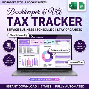May include: A digital Bookkeeper and VA Tax Tracker spreadsheet for Microsoft Excel and Google Sheets displayed on a laptop screen. The dashboard features a service business income summary, expense categories, a pie chart, and a bar graph.
