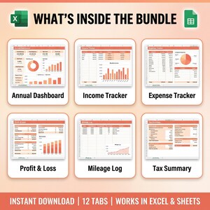 May include: A digital spreadsheet bundle featuring six distinct sections labeled WHAT'S INSIDE THE BUNDLE, including an Annual Dashboard, Income Tracker, Expense Tracker, Profit & Loss, Mileage Log, and Tax Summary, with text stating INSTANT DOWNLOAD 12 TABS WORKS IN EXCEL & SHEETS.