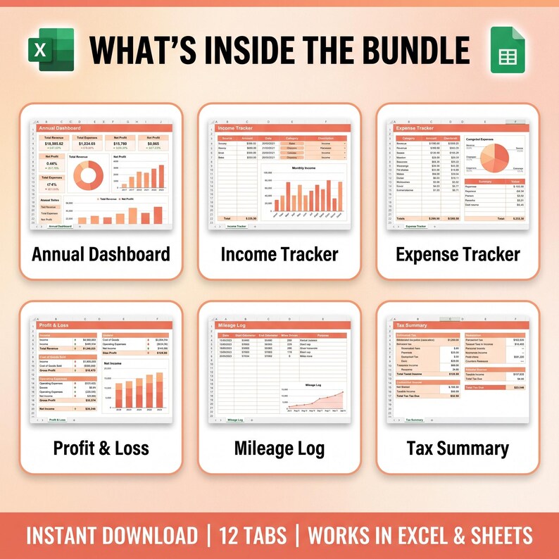 May include: A digital spreadsheet bundle featuring six distinct sections labeled WHAT'S INSIDE THE BUNDLE, including an Annual Dashboard, Income Tracker, Expense Tracker, Profit & Loss, Mileage Log, and Tax Summary, with text stating INSTANT DOWNLOAD 12 TABS WORKS IN EXCEL & SHEETS.