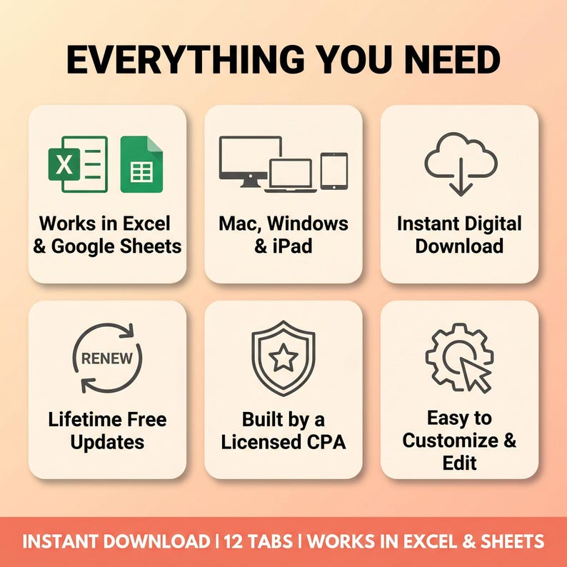 May include: A digital product information graphic titled EVERYTHING YOU NEED. It features six icons with text: Works in Excel & Google Sheets, Mac, Windows & iPad, Instant Digital Download, Lifetime Free Updates, Built by a Licensed CPA, and Easy to Customize & Edit. The bottom text reads INSTANT DOWNLOAD | 12 TABS | WORKS IN EXCEL & SHEETS.