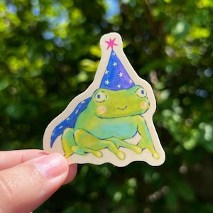 Op de afbeelding: Een grillige sticker met een groene kikker met een blauwe tovenaars hoed met witte sterren en een roze ster. De kikker heeft een blauwe cape en glimlacht. De sticker wordt tegen een vage groene achtergrond gehouden.