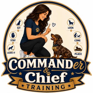 May include: A circular graphic featuring a person training a dapple dachshund. The text reads COMMANDER & CHIEF TRAINING. Icons around the border depict dog training commands: SIT, STAY, LEAVE IT, LOOK, COME, and PLACE, each with a small paw print.