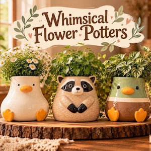 Puede incluir: Tres macetas de cerámica con forma de animales que representan un pato blanco, un mapache moteado y un pato verde y marrón, cada una con una planta verde. El texto "Whimsical Flower Potters" aparece en letra marrón sobre ellas.