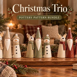 May include: A set of nine ceramic Christmas figurines arranged in three groups, each featuring a reindeer, a tall gnome, and a snowman. The text "Christmas Trio" and "POTTERY PATTERN BUNDLE" is displayed at the top of the image.
