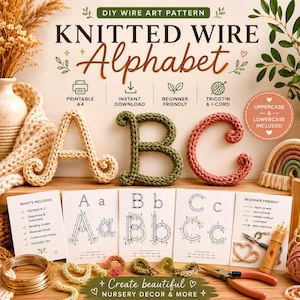 Knitted Wire Alphabet Pattern PDF Printable Wire Letter Template Tricotin Letters Cord Wire Art DIY Nursery Name Decor 26 Complete Alphabets