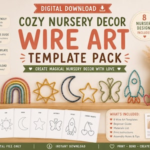 May include: A digital download wire art template pack for nursery decor featuring eight designs including a cloud, rainbow, sun, moon, star, butterfly, rocket, and cherry hearts. The set includes a beginner guide, printable templates, and instructions.