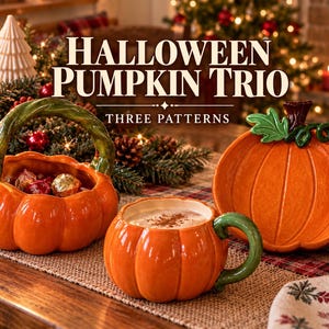 May include: A ceramic Halloween pumpkin trio featuring three distinct pieces: a pumpkin-shaped basket with a green handle, a pumpkin-shaped mug filled with a beverage, and a flat pumpkin-shaped plate with a green leaf and vine detail.