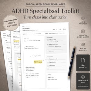 Peut inclure: Un ensemble de modèles de planification ADHD spécialisés au format A4, imprimés sur papier blanc avec du texte noir et des surlignages jaunes. Les pages incluent des sections pour la liste principale, le suivi des habitudes et la gestion du temps.