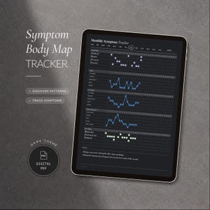 Peut inclure: Un suivi numérique des symptômes mensuels affiché sur l'écran d'une tablette avec un thème sombre. L'interface comprend des sections pour les symptômes, la douleur, la fatigue, le sommeil et les actions, utilisant des graphiques et des points.