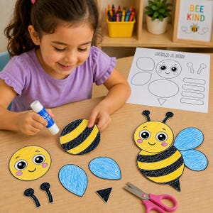 Könnte beinhalten: Eine Papierbastelaktivität mit dem Titel Build a Bee, bestehend aus einer Druckvorlage mit Umrissen von Bienenteilen sowie ausgeschnittenen Elementen wie einem gelb-schwarz gestreiften Körper, einem lächelnden Gesicht, blauen Flügeln und schwarzen Fühlern.