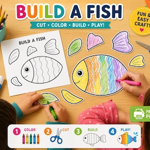 以下が含まれることがあります： Build a Fishクラフトアクティビティセット。魚の体のパーツが印刷されたシートを塗り絵し、切り取り、組み立てる内容です。色塗りされた魚の完成見本、色鉛筆、ハサミ、スティックのりが含まれており、1 Color、2 Cut、3 Build、4 Playという手順が示されています。