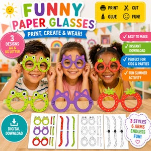 May include: A digital download set of funny paper glasses featuring three designs: green frogs, purple cats, and red strawberries. The kit includes printable templates for glasses frames and arms, with instructions to print, cut, and glue for assembly.